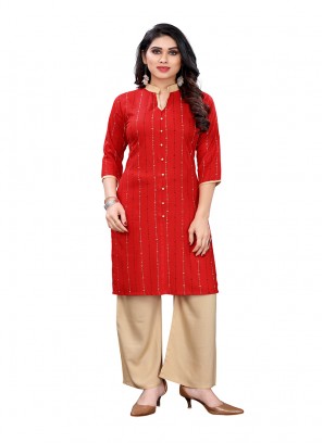 Red Color Rayon Kurti For Ladies