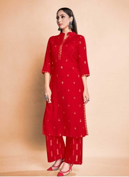 Red Color Rayon Kurti With Bottom