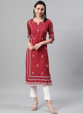 Red Color Rayon Kurti With Bottom