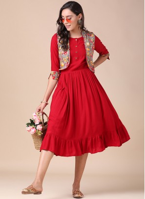 Red Color Rayon Kurti With Jacket