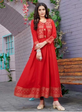 Red Color Rayon Kurti With Koti