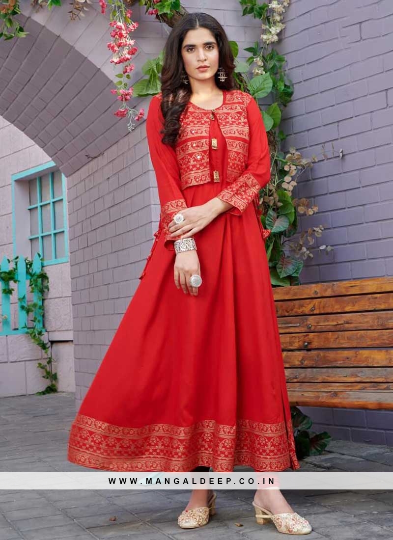 Red Color Rayon Kurti With Koti