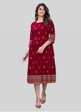 Red Color Rayon Office Wear Kurti