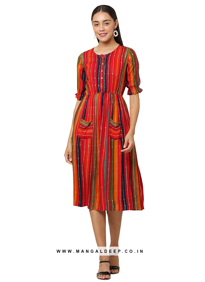 Red Color Rayon Printed Casual Wear Kurti