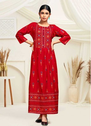 Red Color Rayon Printed Kurti