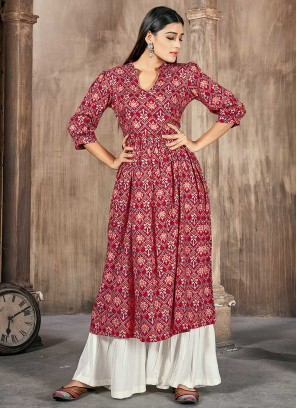 Red Color Rayon Printed Kurti With Bottom