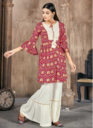 Red Color Rayon Printed Kurti With Bottom