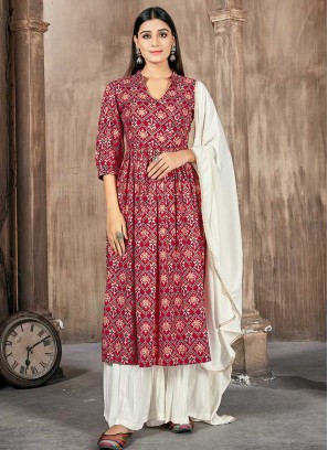 Red Color Rayon Printed Readymade Suit