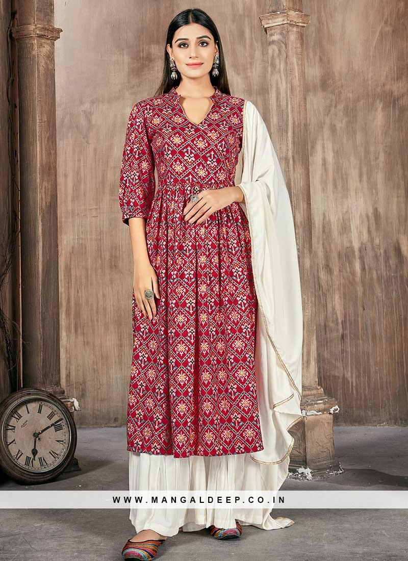 Red Color Rayon Printed Readymade Suit