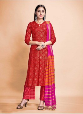 Red Color Rayon Salwar Suit Readymade