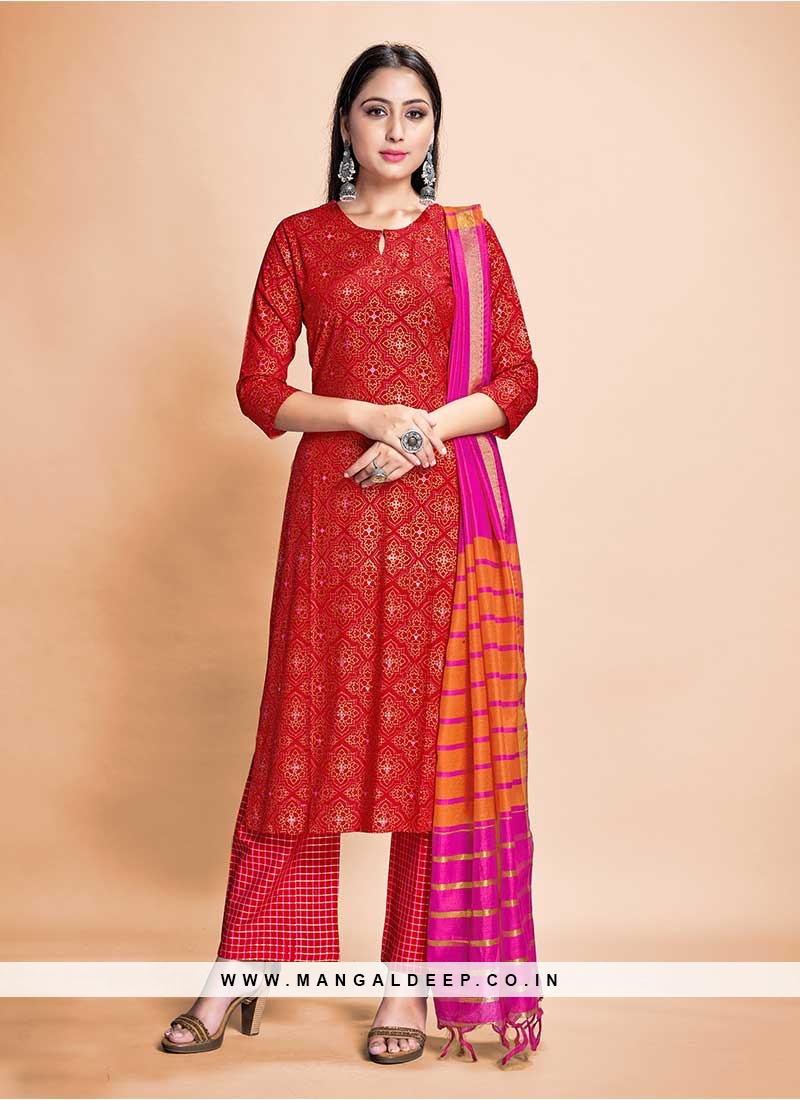 Red Color Rayon Salwar Suit Readymade