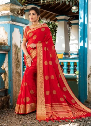 Red Color Resham Silk Festive Wear Saree