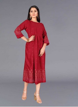 Red Color Round Style Cotton Kurti