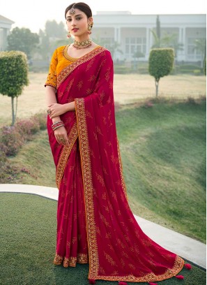 Red Color Satin Chiffon Fancy Saree