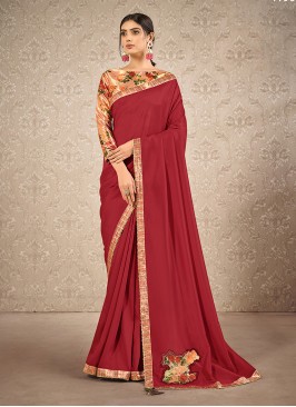 Red Color Satin Silk Printed Saree