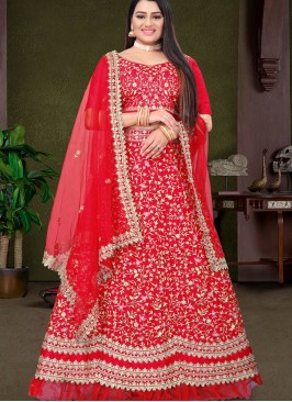 Red Color Satin Silk Sequins Work Lehenga