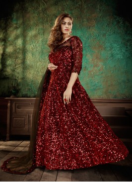 Red Color Sequins Work Net Gown
