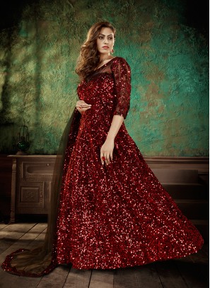 Red Color Sequins Work Net Gown