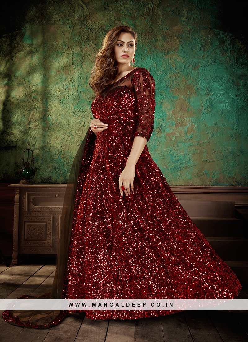 Red Color Sequins Work Net Gown