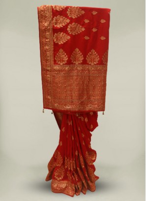Red Color Silk Cut Dana Work Stylish Saree