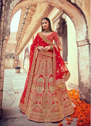 Red Color Silk Embroidered Lehenga