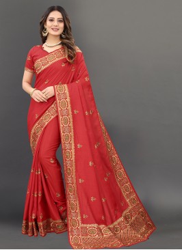 Red Color Silk Embroidered Wedding Wear Saree