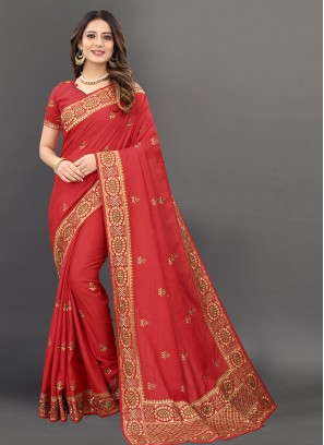 Red Color Silk Embroidered Wedding Wear Saree