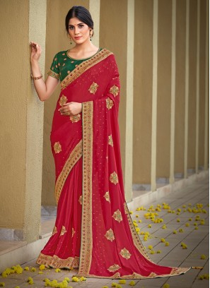 Red Color Silk Georgette Fancy Saree