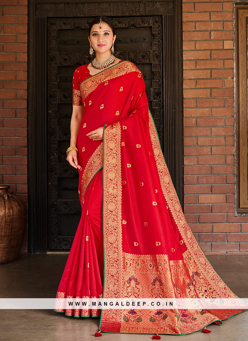 Red Color Fancy Embroidery Work Bridal Wear Heavy Saree – fashionnaari