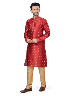 Red Color Silk Mens Kurta Set