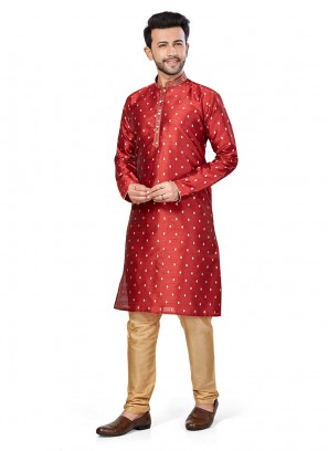 Red Color Silk Mens Kurta Set