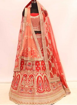 Red Color Silk Resham Work Bride Lehenga