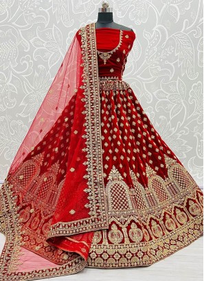 Red Color Velvet Embroidered Lehenga