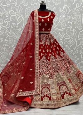 Red Color Velvet Embroidered Lehenga Choli