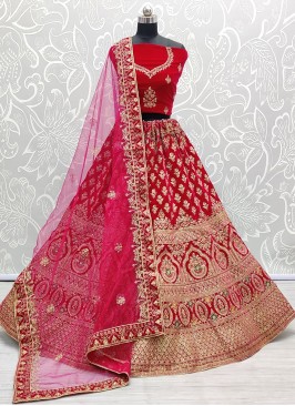 Red Color Velvet Embroidered Lehenga For Bride