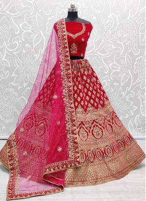 Red Color Velvet Embroidered Lehenga For Bride