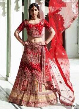 Red Color Velvet Embroidered Lehenga For Bride