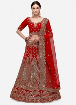 Red Color Velvet Zari Work Bridal Lehenga