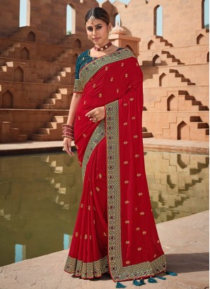 Red Color Vichitra Silk Saree