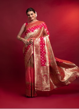 Pink Color Wedding Wear Heavy Wevon Design saree