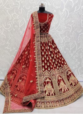 Red Color Zari Work Lehenga For Bride