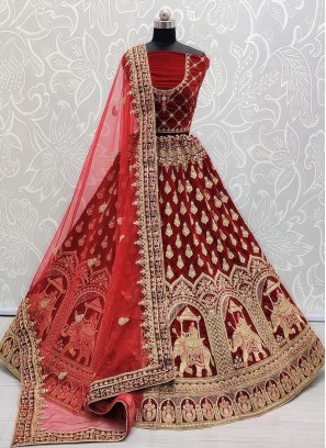Red Color Zari Work Lehenga For Bride