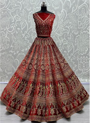 Red Color Zari Work Lehenga For Bride