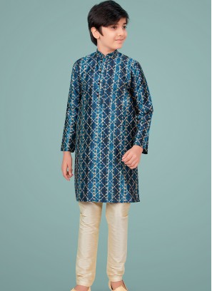 Blue gicha silk Indo Western Suit for Boys.