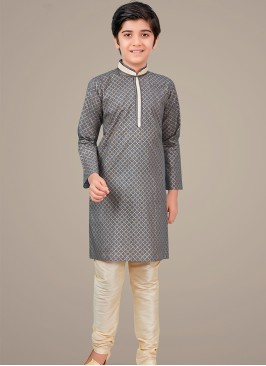 Grey cottan silk Indo Western Suit for Boys.
