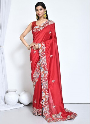 Red Crepe Silk Embroidered Classic Saree