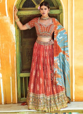 Red Digital Print Viscose Lehenga Choli