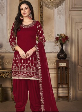 Red Embroidered Art Silk Semi Stitched Suit