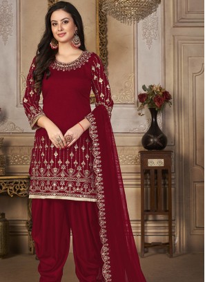 Red Embroidered Art Silk Semi Stitched Suit