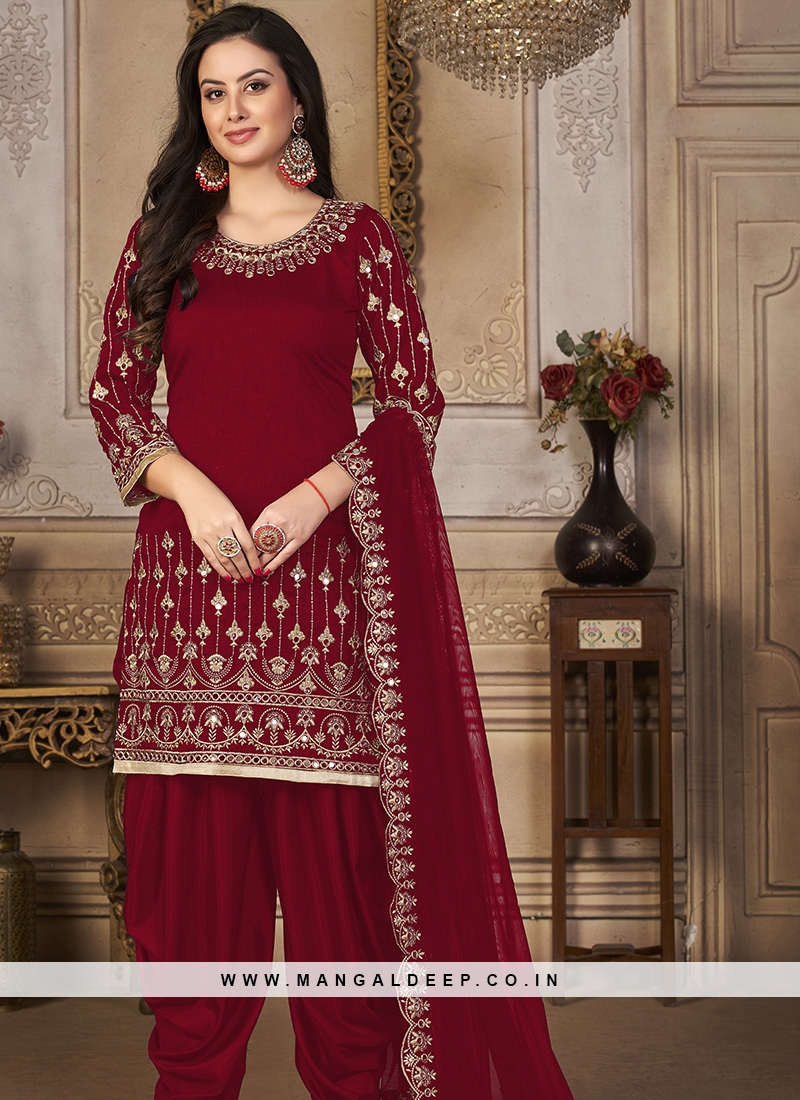 Red Embroidered Art Silk Semi Stitched Suit